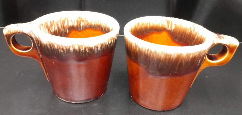 Hull Pottery Oven Proof USA Coffee Mug Tea Cup Brown Drip Glaze Set of 2 Vintage